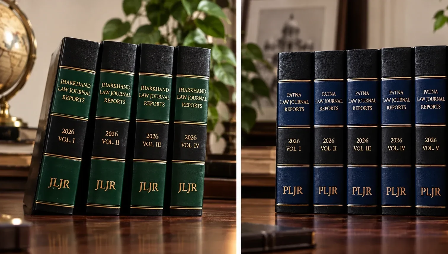Bound volumes of the Jharkhand Law Journal Reports (green) and the Patna Law Journal Reports (navy)
